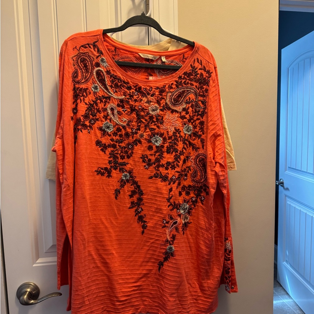 Soft Surroundings Orange Embroidered Long Sleeve Top